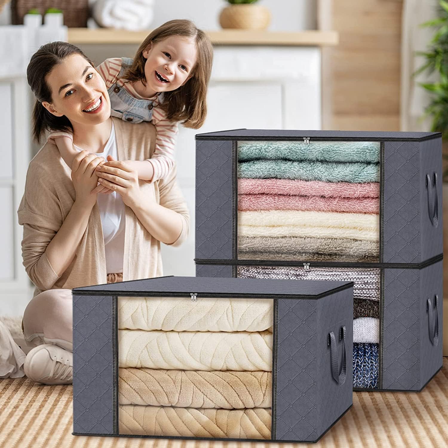 Storage Baskets for Closet Fabric with Handles, Nursery Organizer, Set of 3