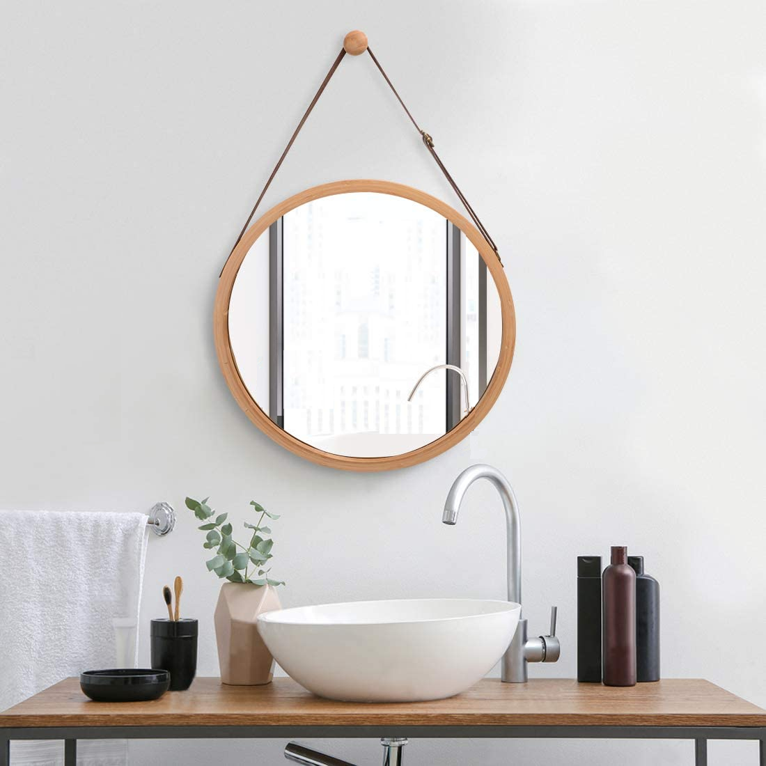 CARLA HOME Hanging Round Wall Mirror 45 cm - Solid Bamboo Frame and Adjustable Leather Strap for Bathroom and Bedroom