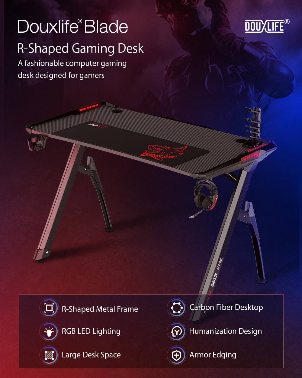 Douxlife® Blade GD01 Gaming Desk R-Shaped Metal Frame 47"