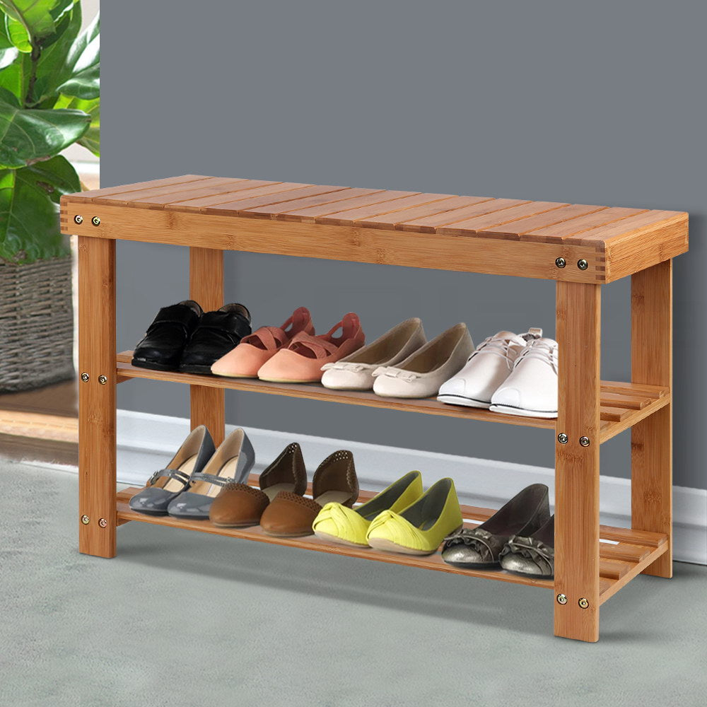 Artiss Bamboo Shoe Rack Wooden Seat Bench Organiser Shelf Stool