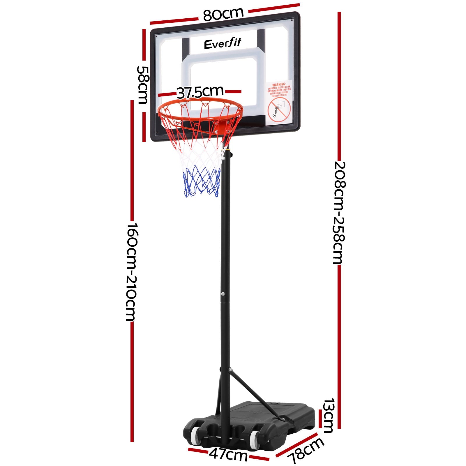 Everfit Adjustable Portable Basketball Stand Hoop System Rim