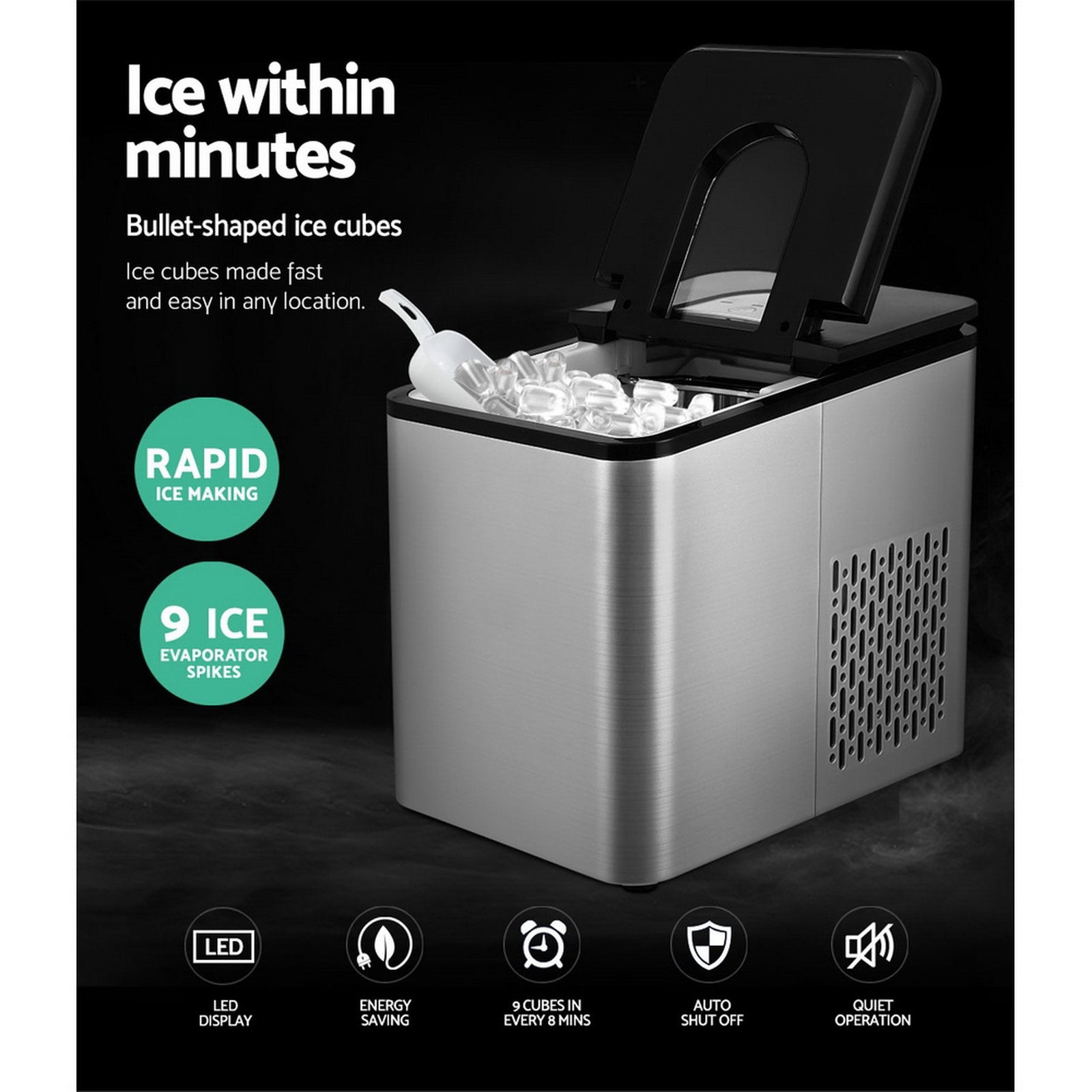 2.2L Ice Maker 12KG Portable Ice Makers Cube Tray Bar Home Countertop Silver