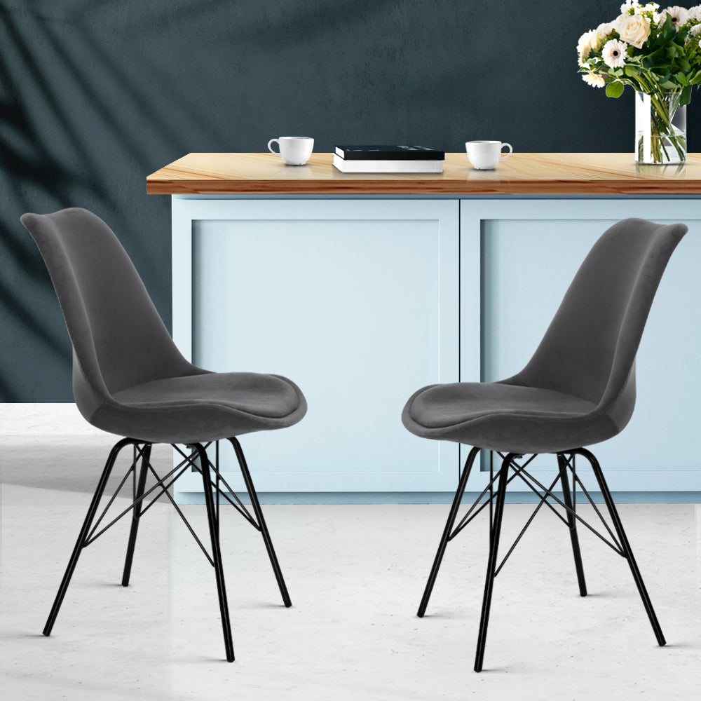 Artiss Set of 2 Dining Chairs DSW Cafe Kitchen Velvet Fabric Padded Iron Legs Grey