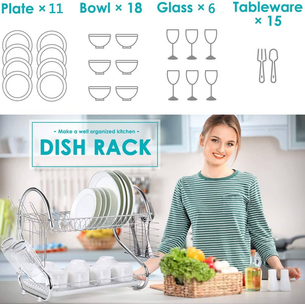 CARLA HOME 2 Tier Dish Rack with Drain Board for Kitchen Counter and Plated Chrome Dish Dryer Silver 42 x 25,5 x 38 cm