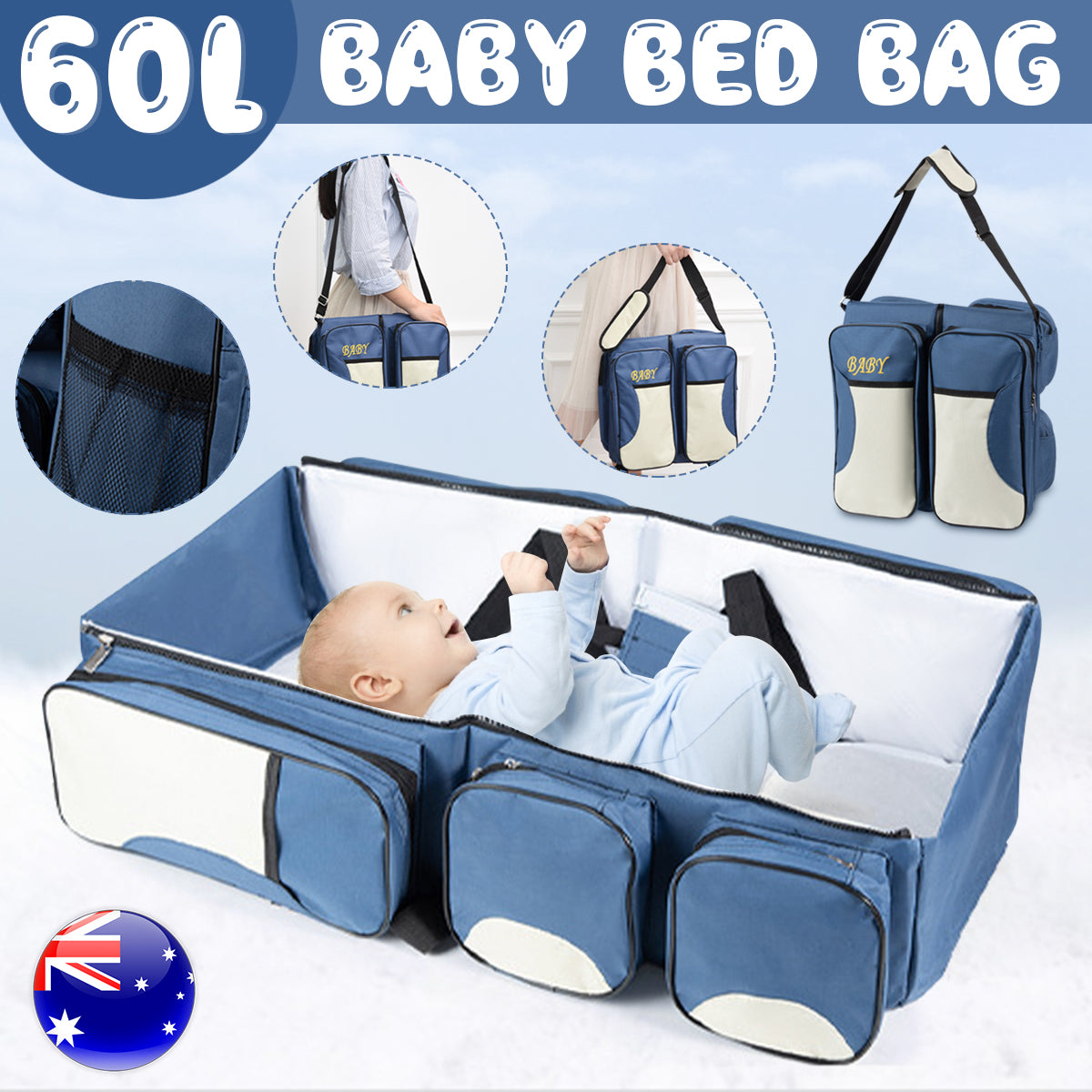 60L 2-IN-1 Multifunctional Large Capacity Foldable Travel Baby Infant Crib Diaper Backpack